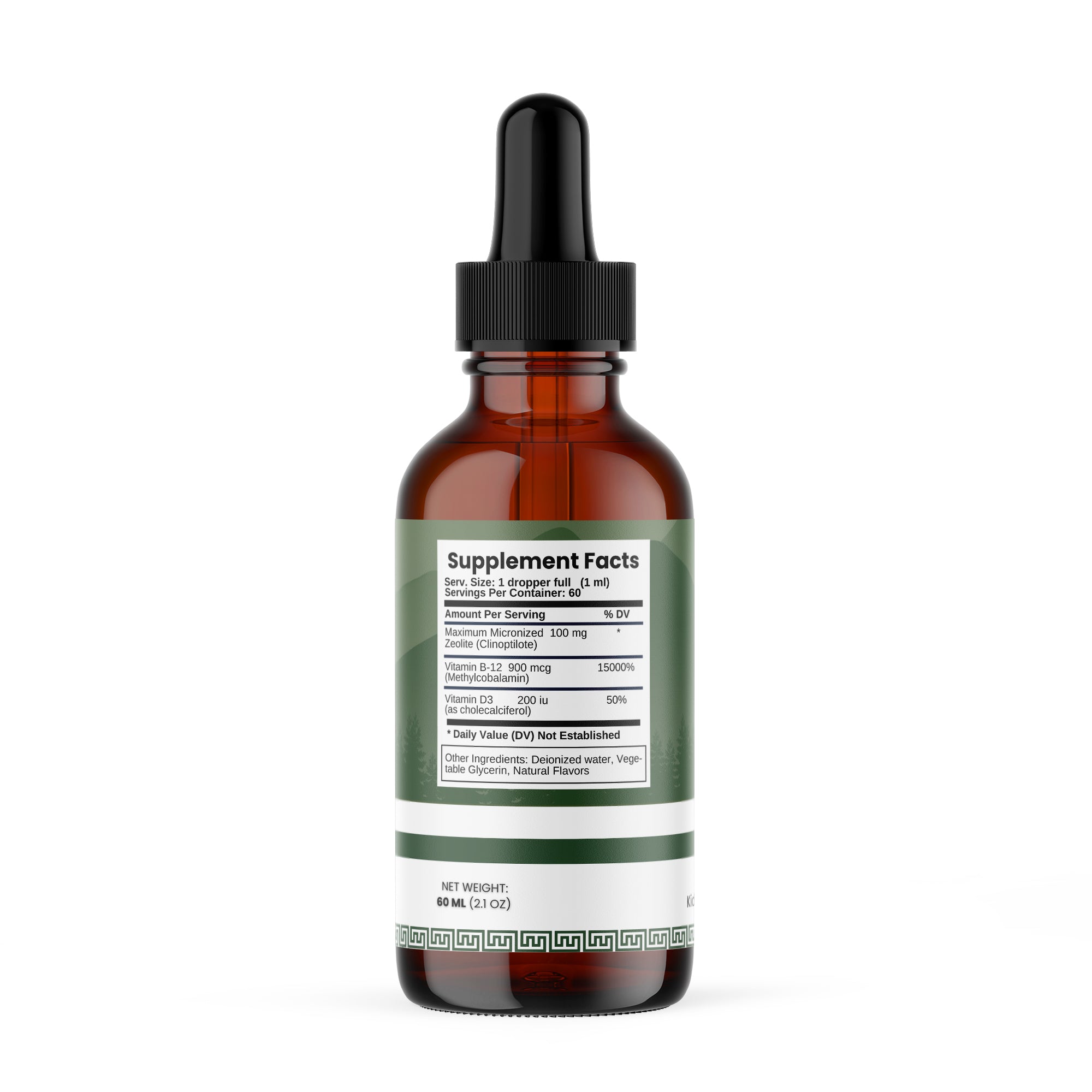 Brown glass dropper bottle displaying supplement facts for a holistic healing product.