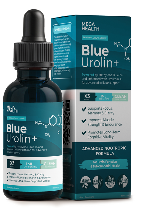 Blue Urolin+ liquid dropper bottle and box, featuring advanced nootropic formula for cognitive and physical vitality.