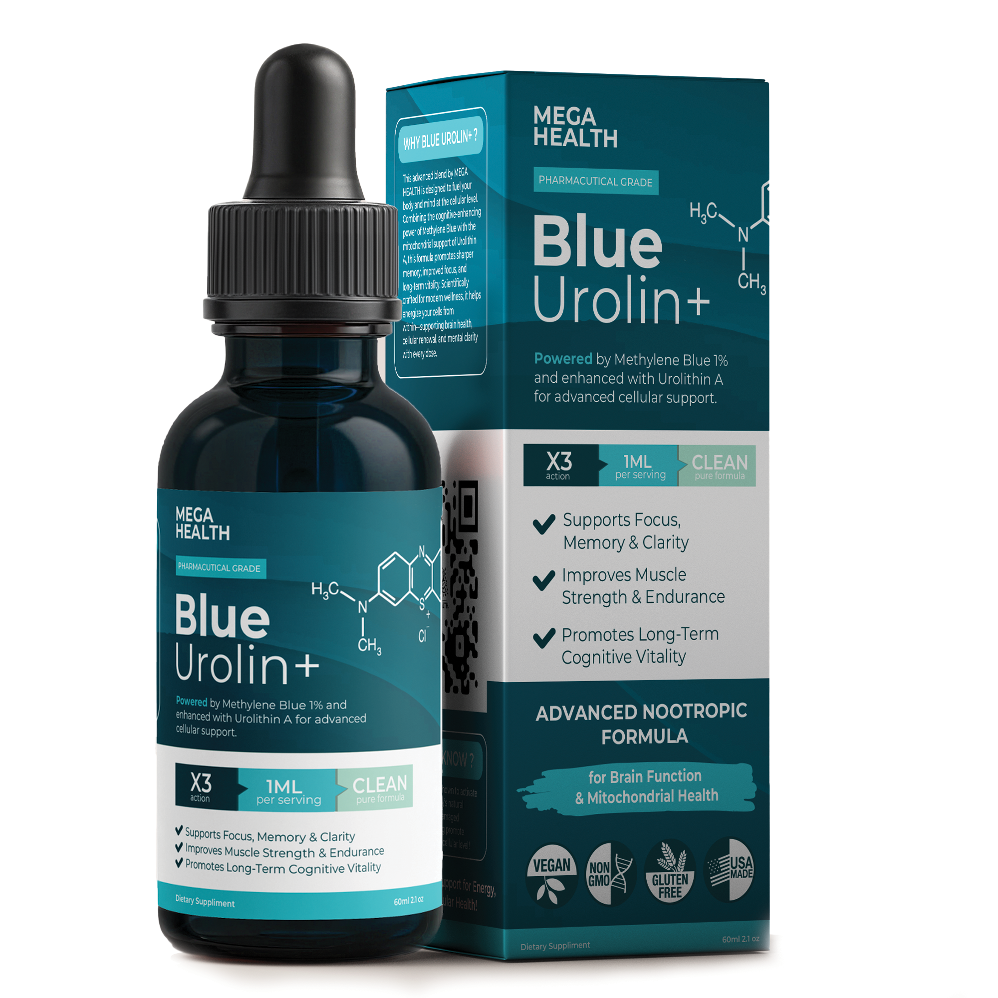 Blue Urolin+ liquid dropper bottle and box, featuring advanced nootropic formula for cognitive and physical vitality.
