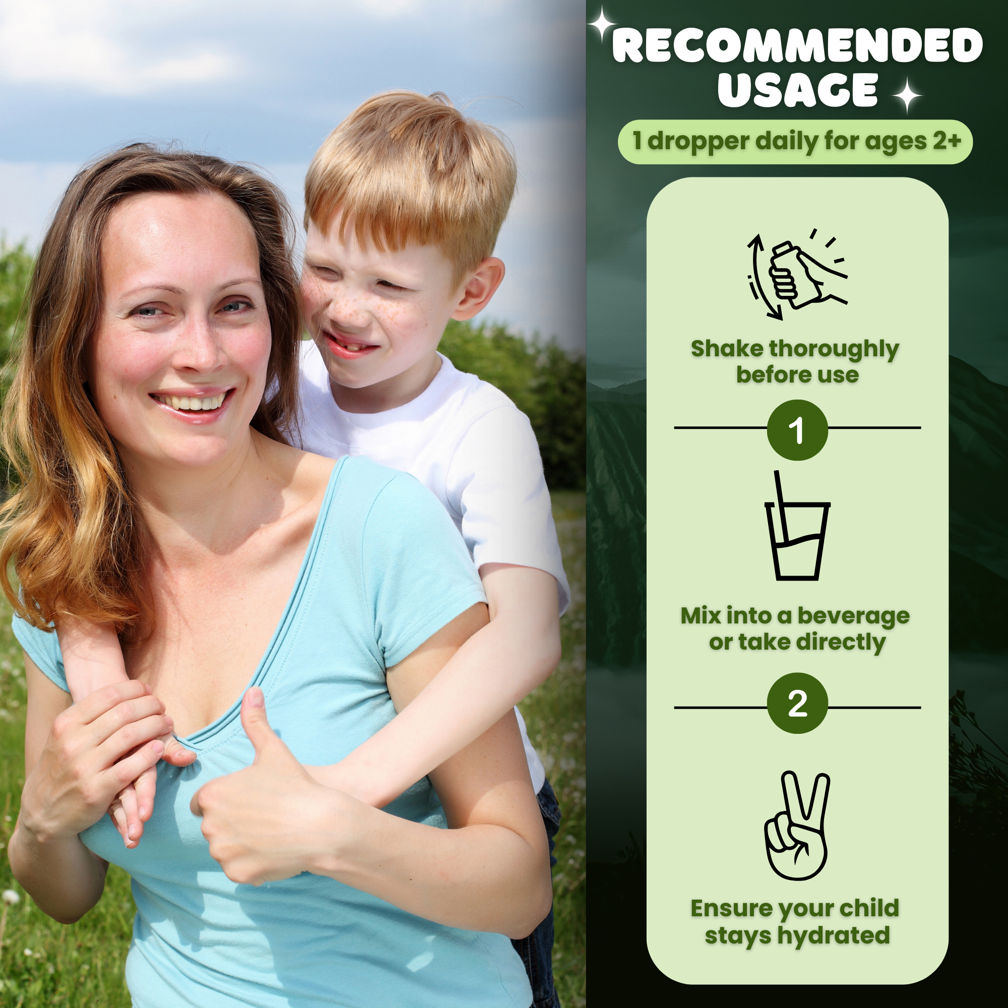 Mother and child outdoors showing recommended usage instructions for a wellness product for ages 2+, emphasizing hydration and mixing.