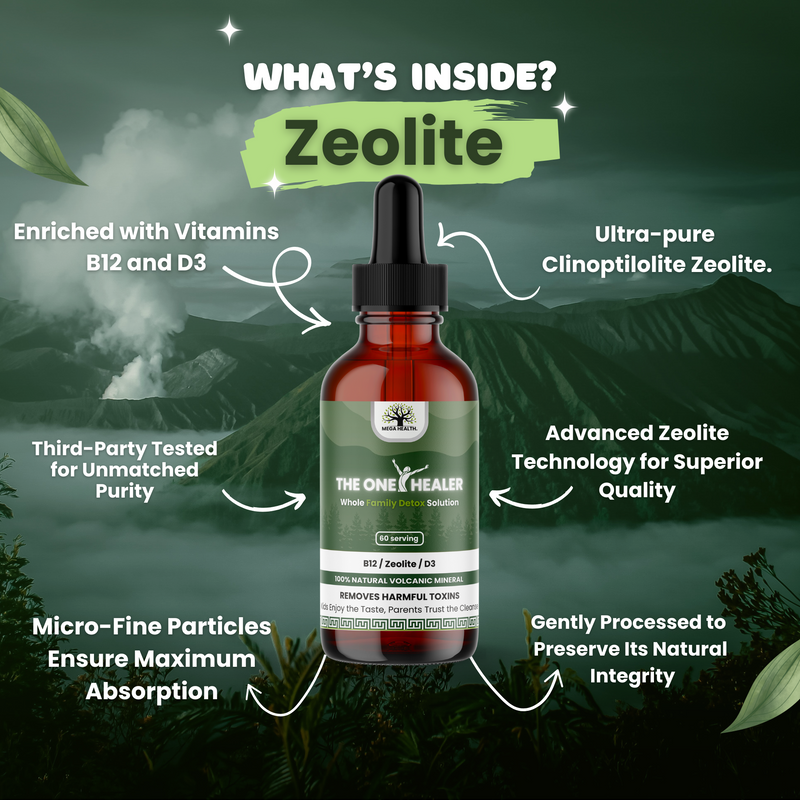 The One Healer Zeolite supplement with vitamins B12 and D3, featuring advanced purity and absorption technologies.