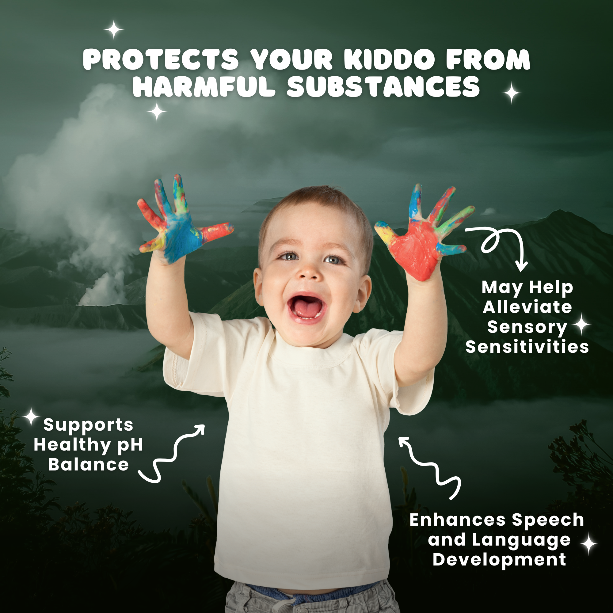 Happy child with colorful paint on hands, promoting wellness and development while encouraging creativity and health.