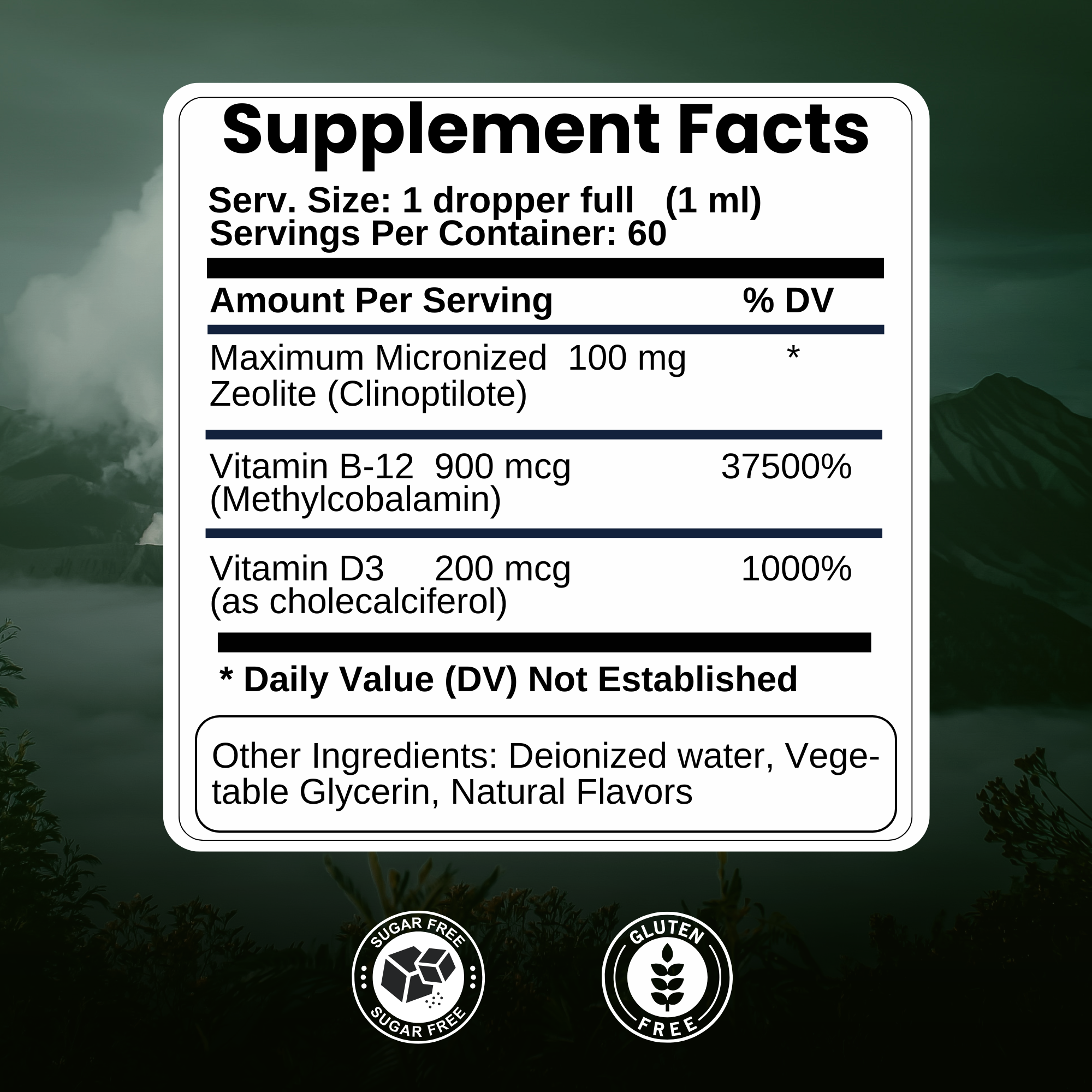 Supplement facts label showing ingredients and values for a holistic healing product with vitamins and minerals.