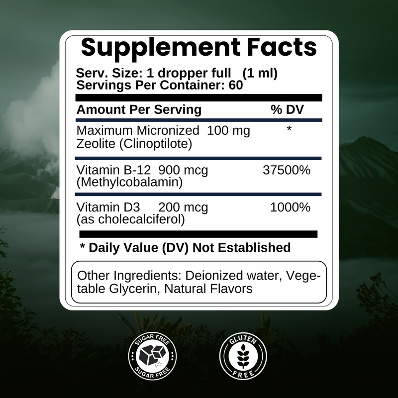Supplement facts label showing ingredients and values for a holistic healing product with vitamins and minerals.