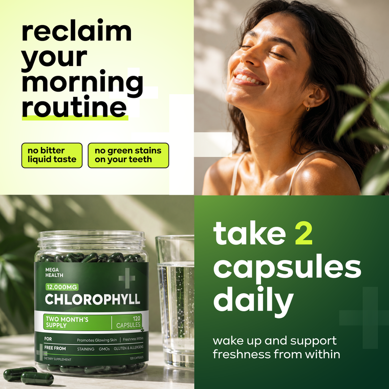 MEGA HEALTH Chlorophyll Capsules 12,000MG — Glowing Skin & Freshness Within | 120 Capsules (2-Month Supply)
