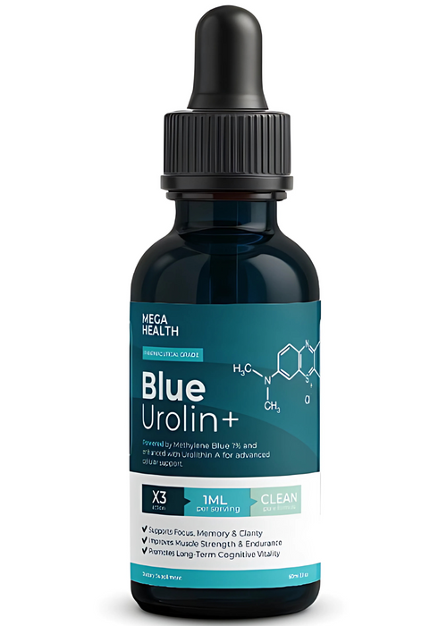 Blue Urolin+ liquid dropper bottle and box, featuring advanced nootropic formula for cognitive and physical vitality.