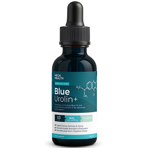 Blue Urolin+ natural wellness support supplement in dropper bottle for immune support and cognitive vitality.