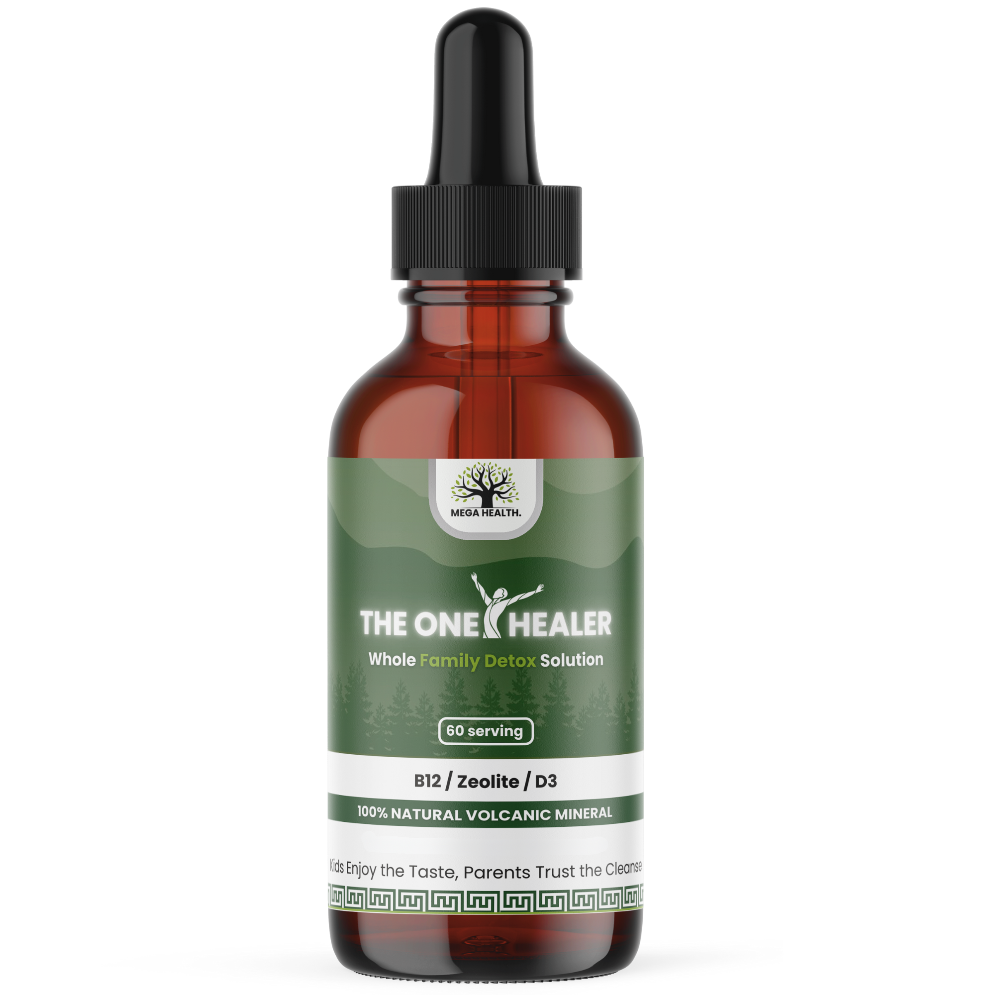 The One Healer detox solution for families, featuring natural zeolite and D3, promoting health and wellness.