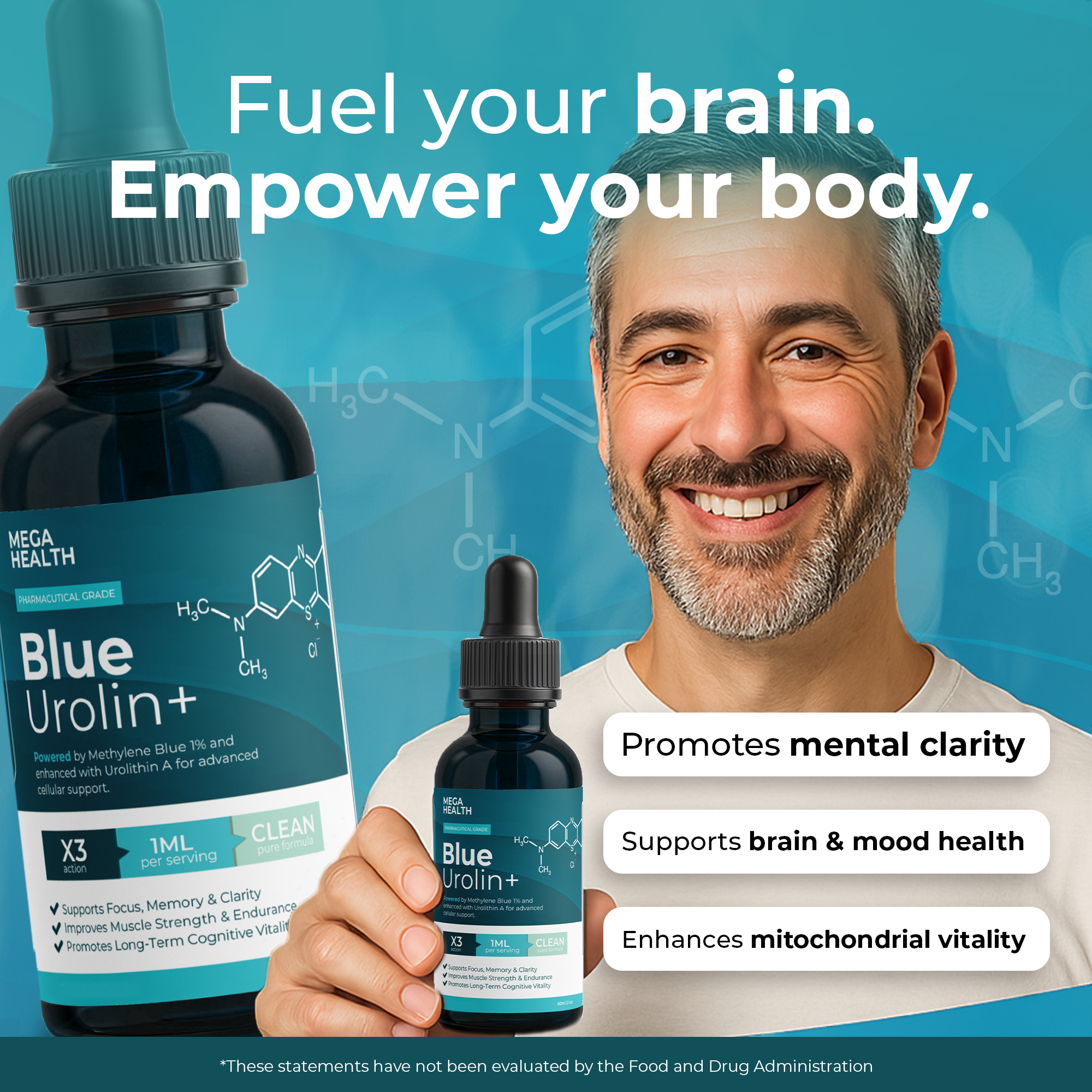 Blue Urolin+ product image with man promoting brain health, mental clarity, and body vitality.
