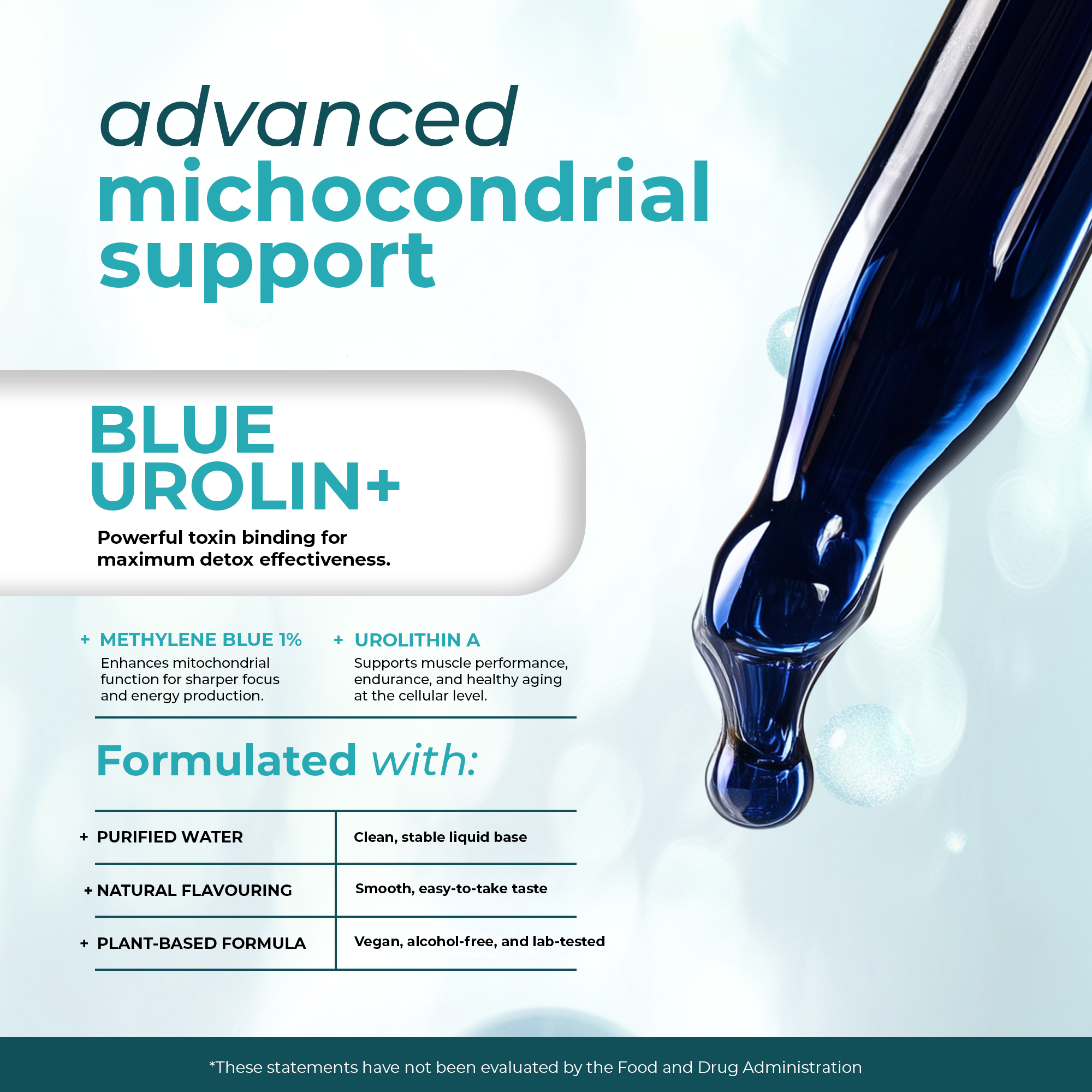 Blue Urolin+ product featuring a dropper for mitochondrial support, toxin binding, and wellness benefits.
