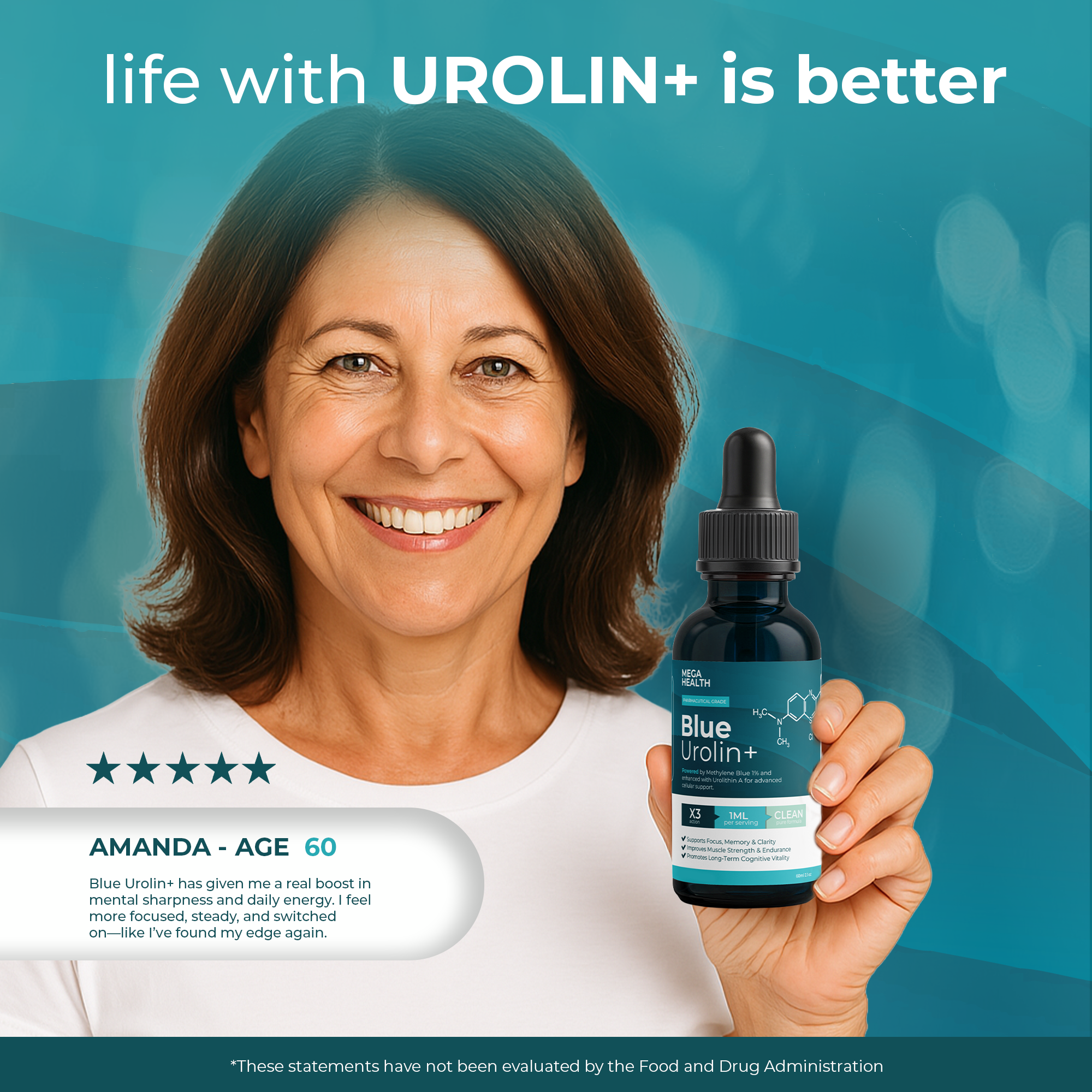 Smiling woman holding Blue Urolin+ bottle, promoting natural wellness support for mental clarity and focus.