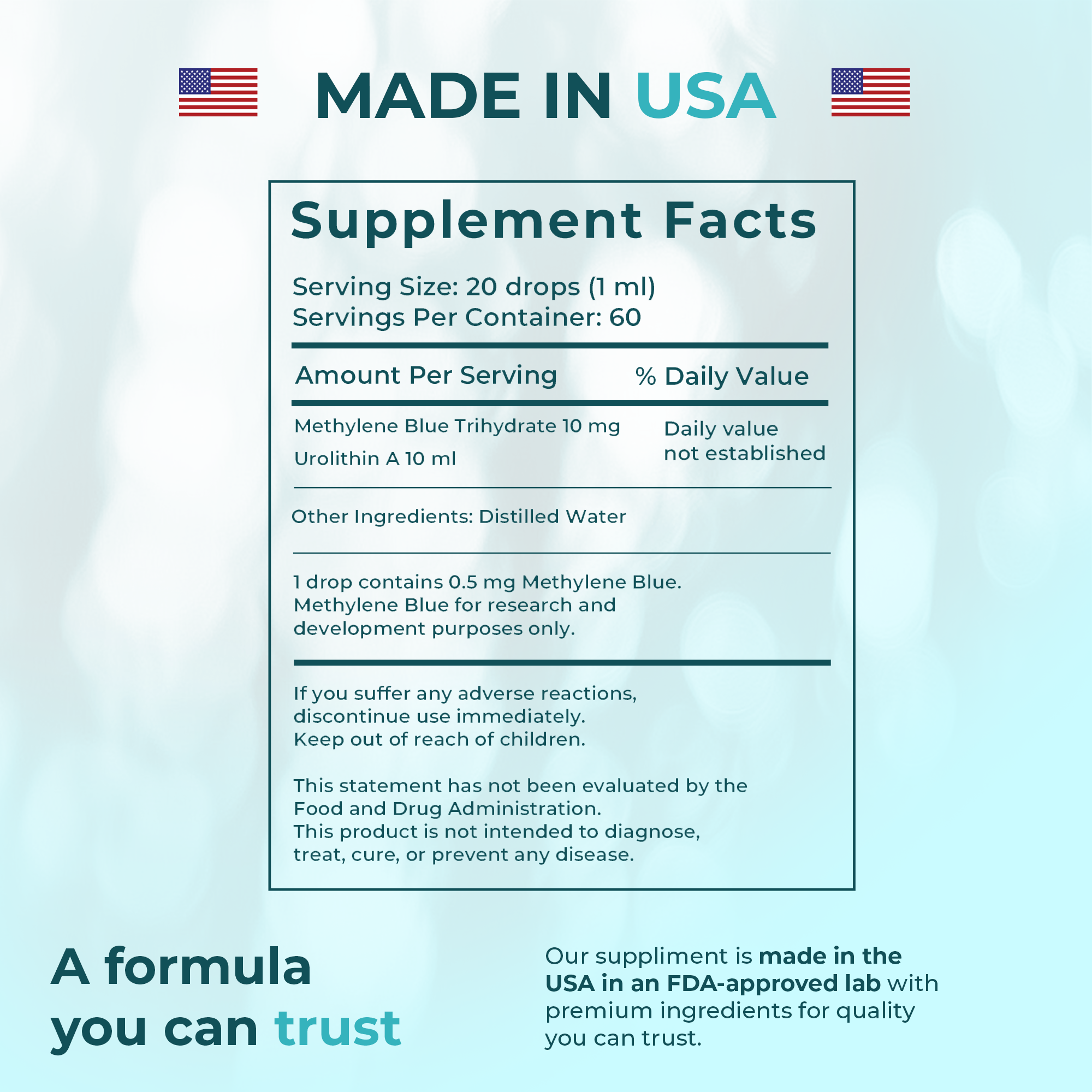 Supplement facts for Blue Urolin+ Natural Wellness Support showing ingredients, serving size, and quality assurance, made in USA.