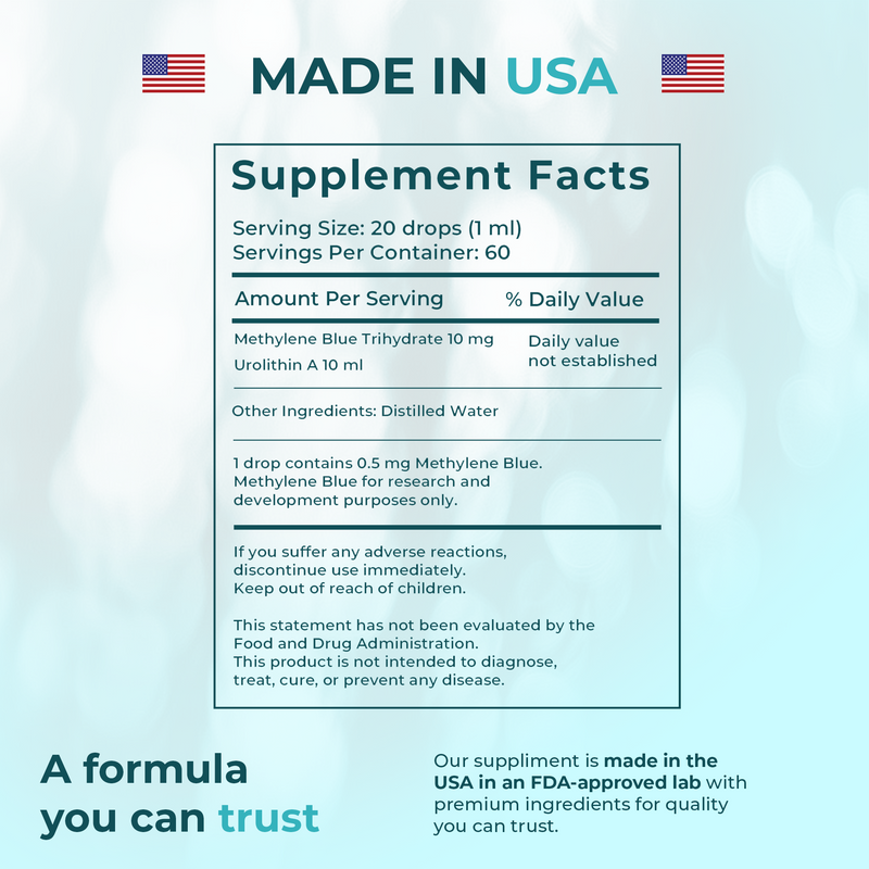 Supplement facts for Blue Urolin+ Natural Wellness Support showing ingredients, serving size, and quality assurance, made in USA.