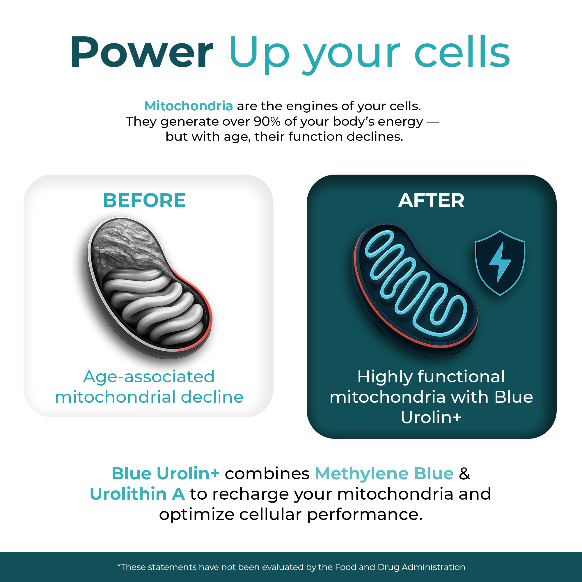 Infographic illustrating the benefits of Blue Urolin+ for mitochondrial health, showing before and after effects on cell function.