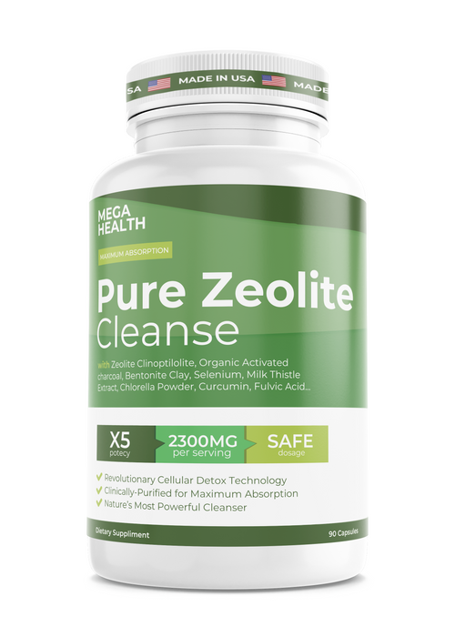 Pure Zeolite Cleanse detox supplement in a white bottle, supports digestion and energy with natural ingredients.