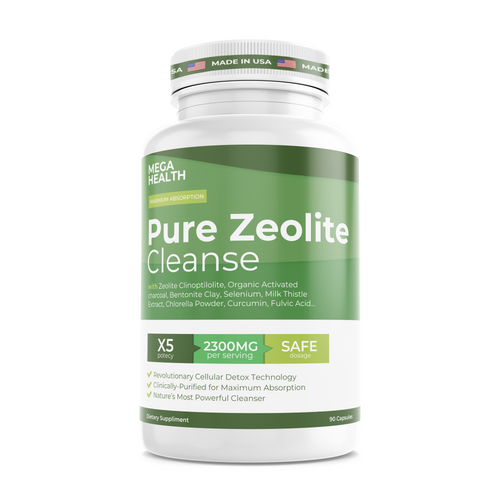 Pure Zeolite Cleanse detox supplement by Mega Health in a white bottle, promoting natural detox and wellness.
